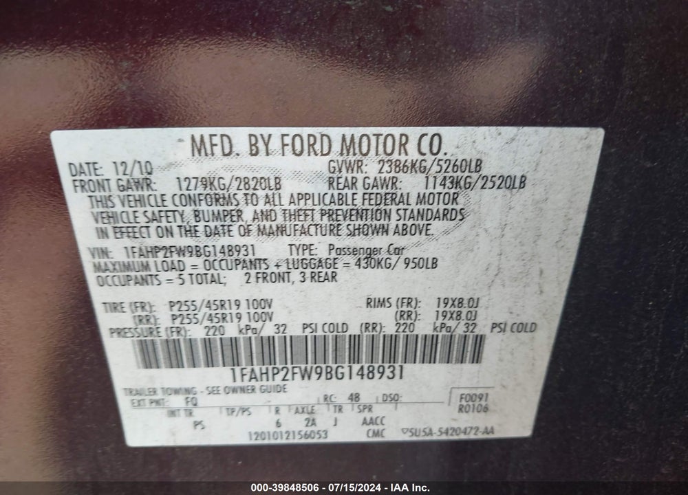 2011 FORD TAURUS VIN: 1FAHP2FW9BG148931