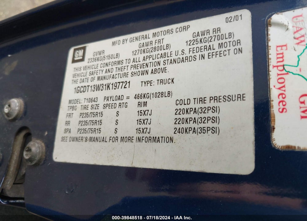 2001 CHEVROLET S-10 LS VIN: 1GCDT13W31K197721