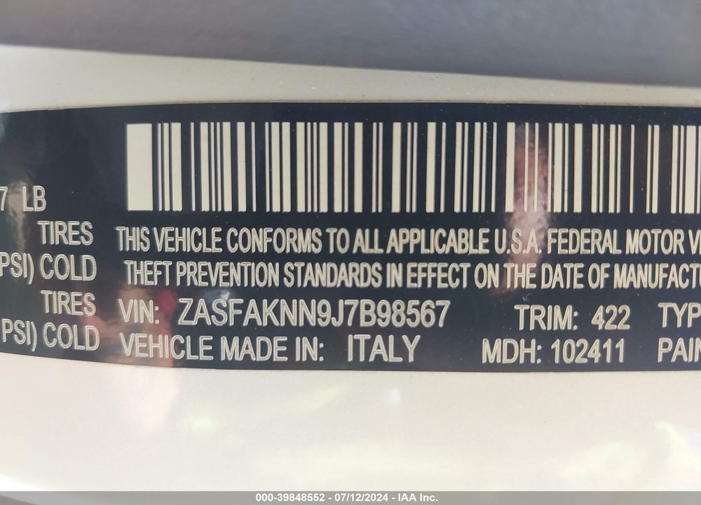 2018 ALFA ROMEO STELVIO TI SPORT AWD VIN: ZASFAKNN9J7B98567