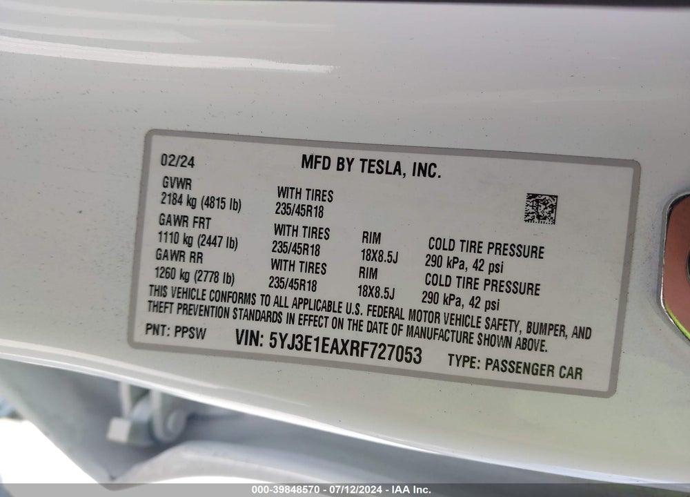 2024 TESLA MODEL 3 REAR-WHEEL DRIVE VIN: 5YJ3E1EAXRF727053