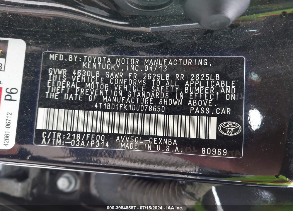 2013 TOYOTA CAMRY HYBRID LE VIN: 4T1BD1FK1DU078650