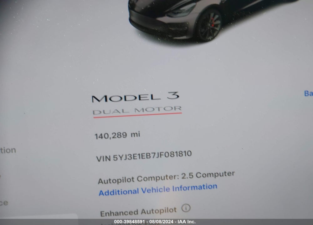 2018 TESLA MODEL 3 LONG RANGE/PERFORMANCE VIN: 5YJ3E1EB7JF081810