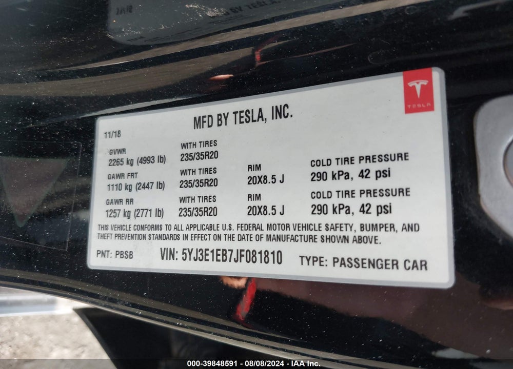 2018 TESLA MODEL 3 LONG RANGE/PERFORMANCE VIN: 5YJ3E1EB7JF081810