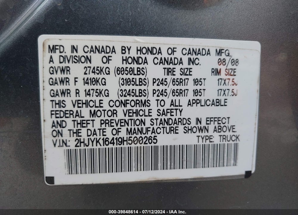 2009 HONDA RIDGELINE RTS VIN: 2HJYK16419H500265