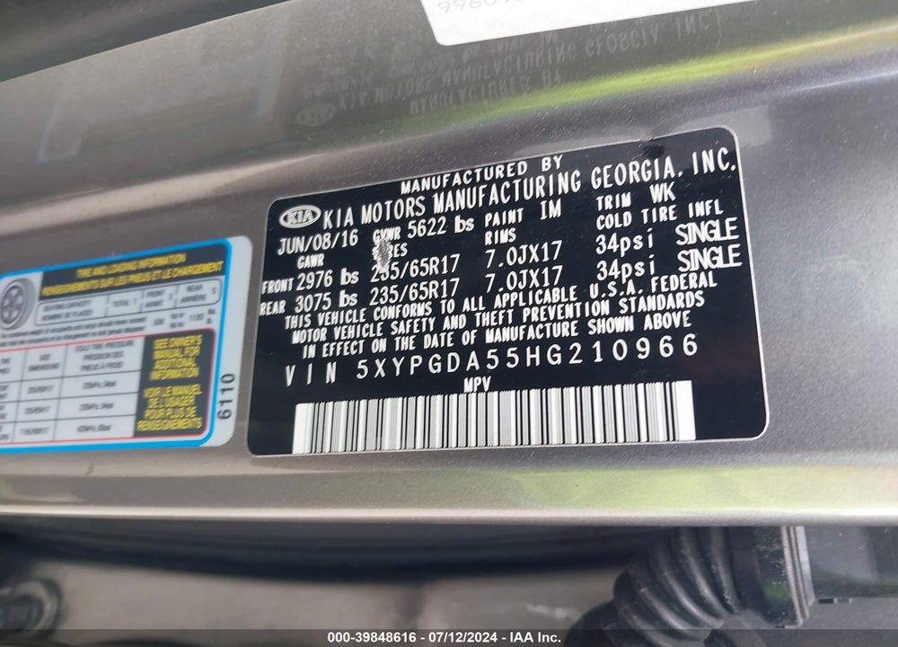 2017 KIA SORENTO 3.3L LX VIN: 5XYPGDA55HG210966