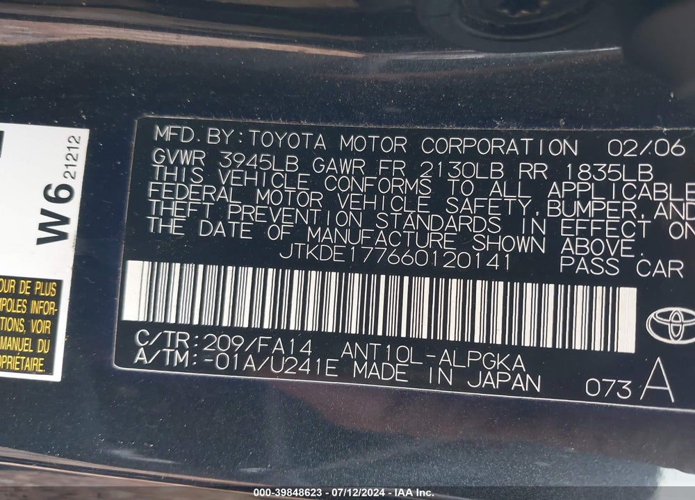2006 SCION TC VIN: JTKDE177660120141