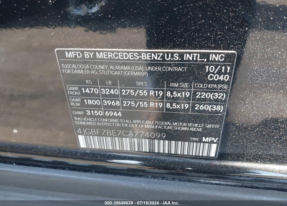 2012 MERCEDES-BENZ GL 450 4MATIC VIN: 4JGBF7BE7CA774099