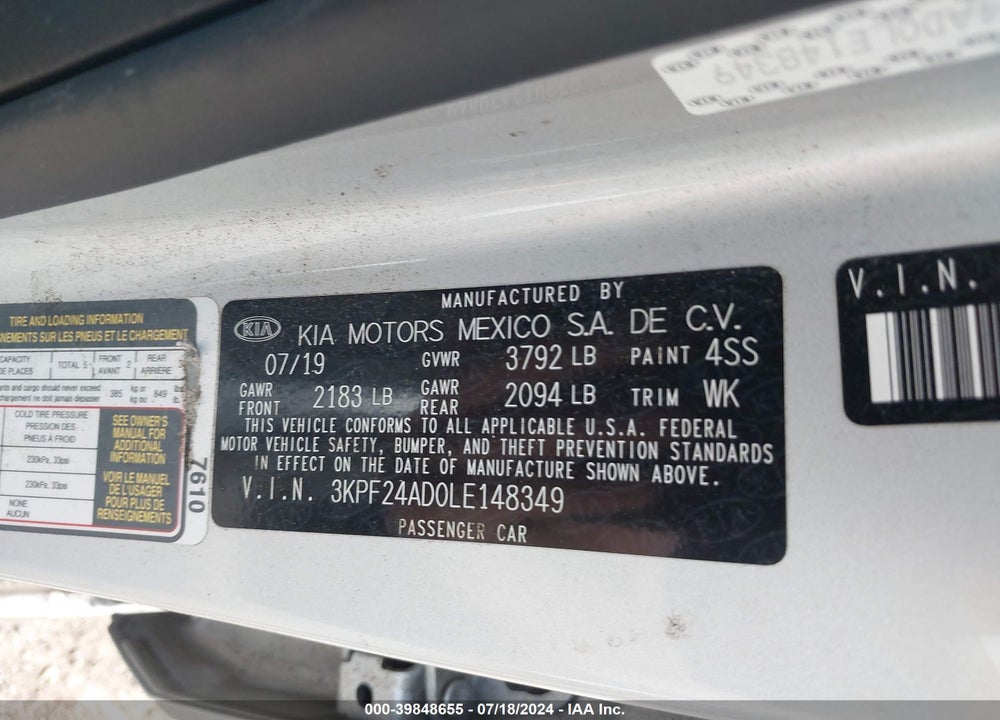 2020 KIA FORTE LXS VIN: 3KPF24AD0LE148349