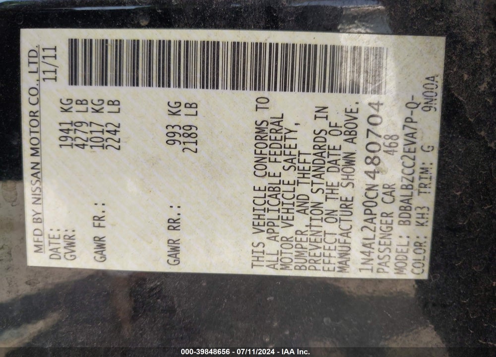 2012 NISSAN ALTIMA VIN: 1N4AL2AP0CN480704