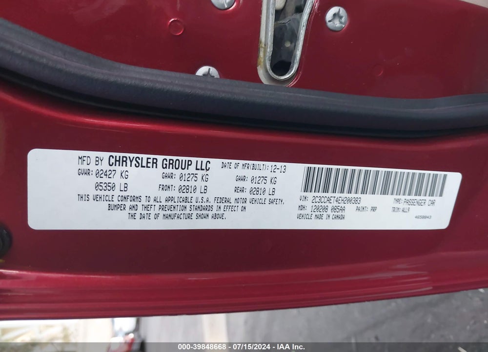 2014 CHRYSLER 300C VIN: 2C3CCAET4EH200383