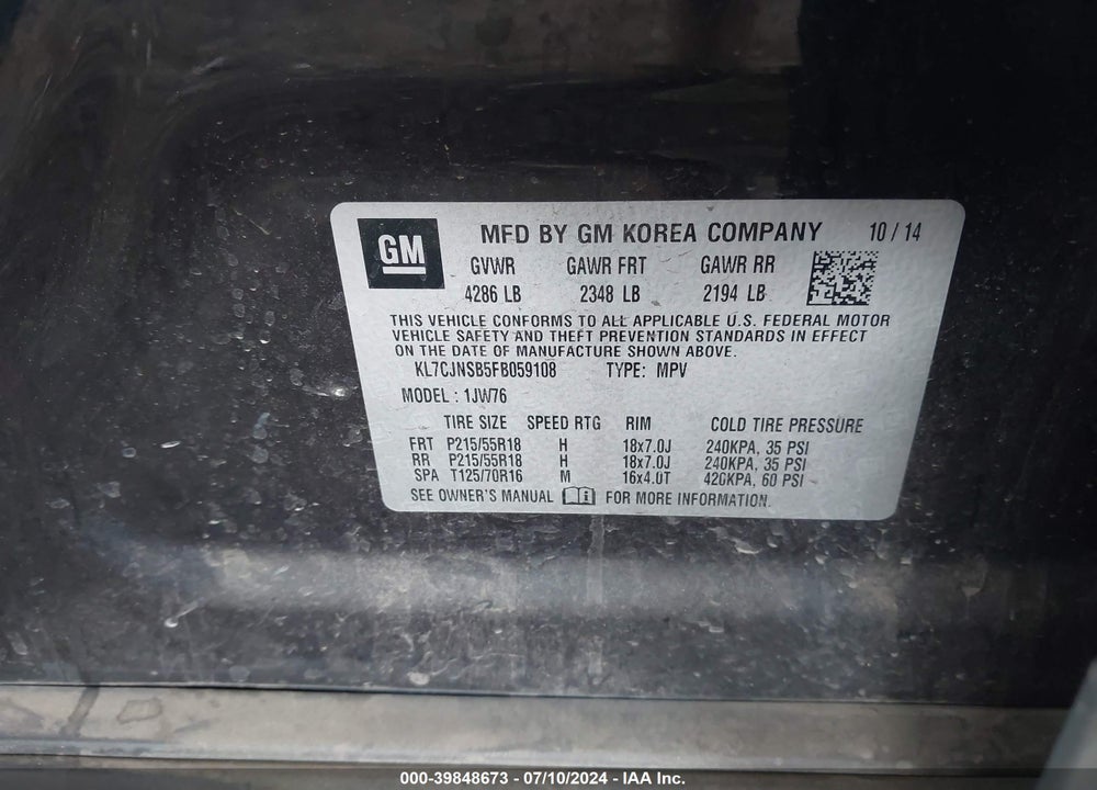 2015 CHEVROLET TRAX LTZ VIN: KL7CJNSB5FB059108