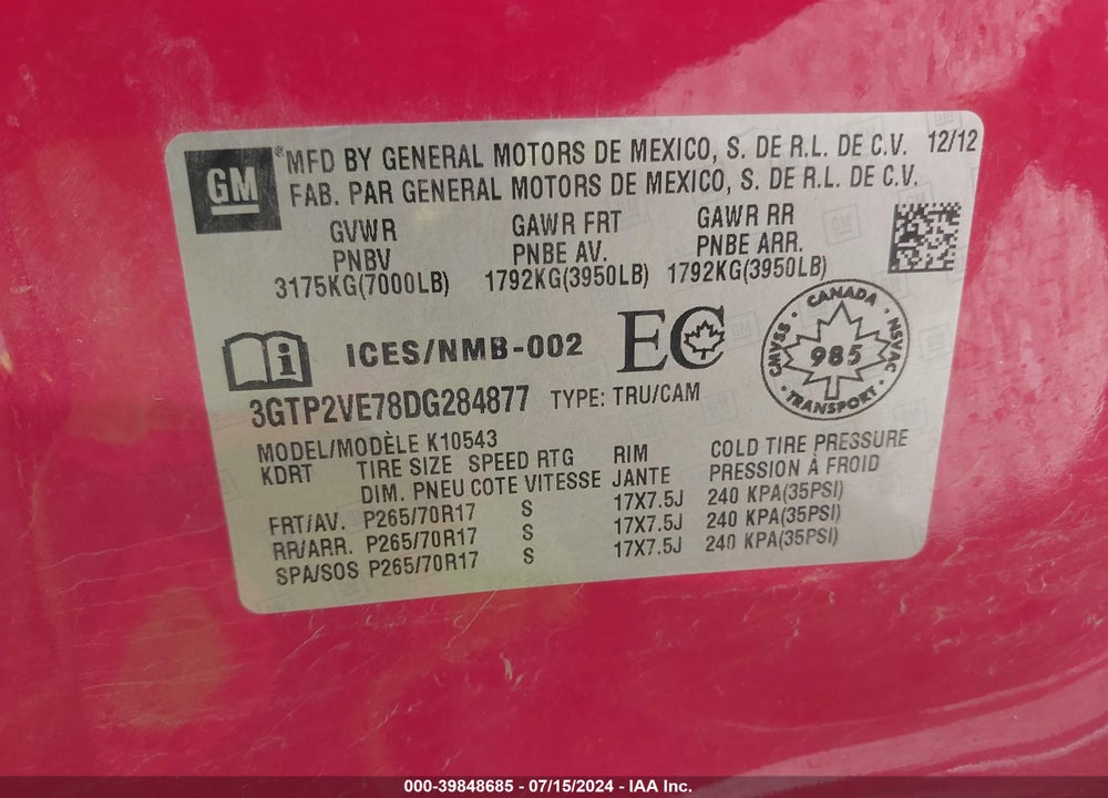 2013 GMC SIERRA 1500 SLE VIN: 3GTP2VE78DG284877