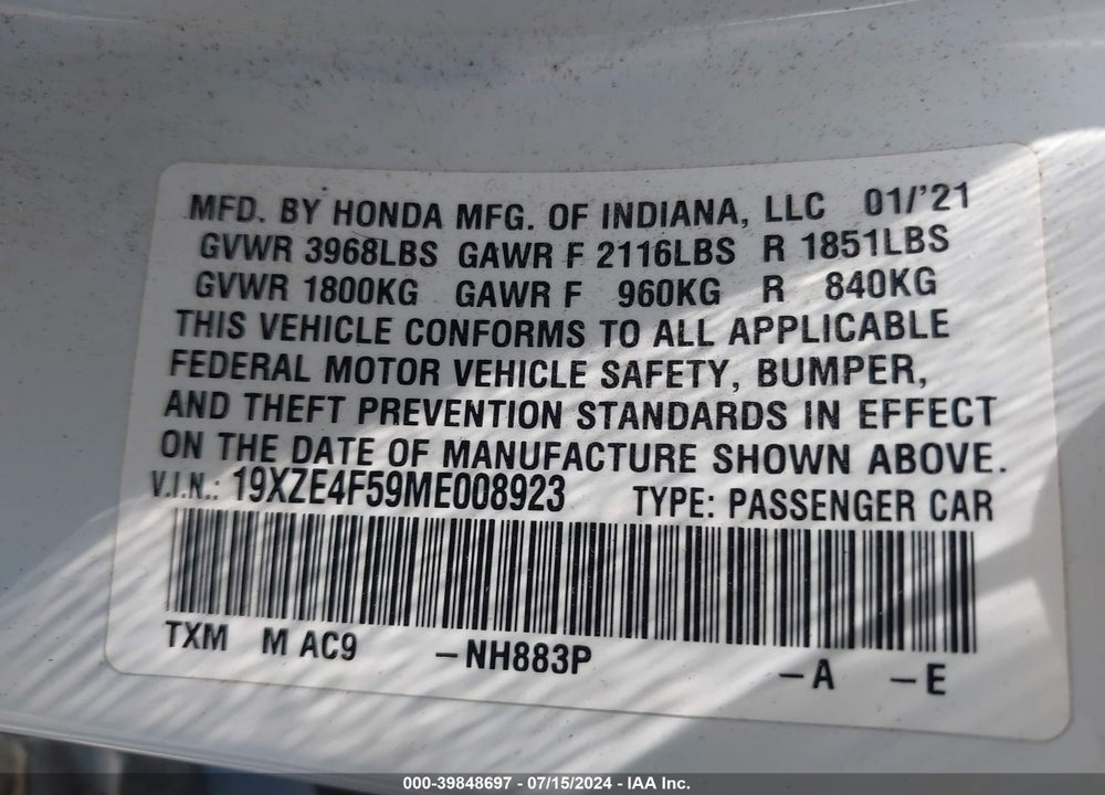 2021 HONDA INSIGHT EX VIN: 19XZE4F59ME008923