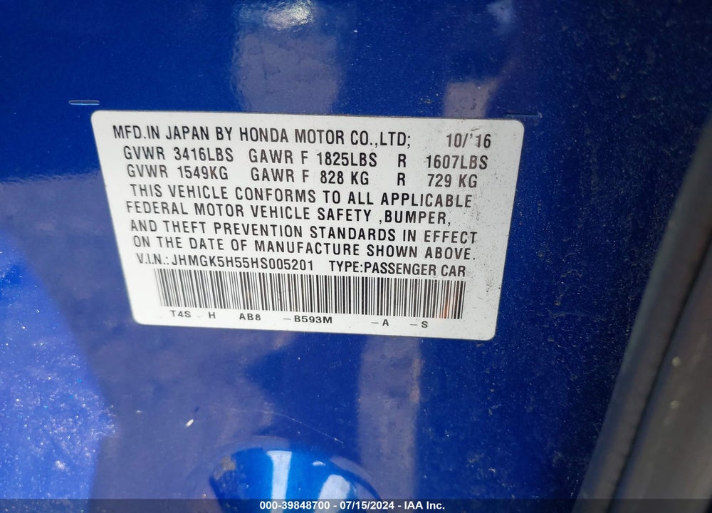 2017 HONDA FIT VIN: JHMGK5H55HS005201