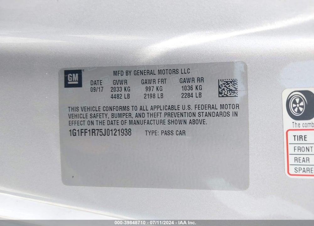 2018 CHEVROLET CAMARO 1SS VIN: 1G1FF1R75J0121938