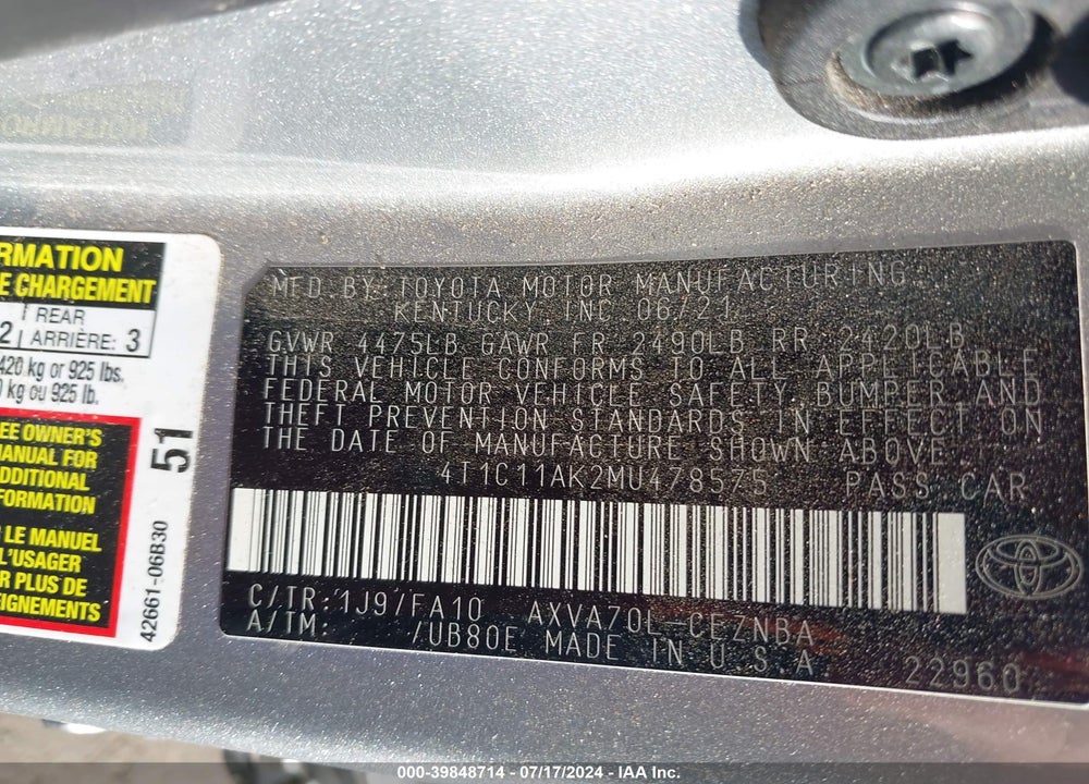 2021 TOYOTA CAMRY LE VIN: 4T1C11AK2MU478575