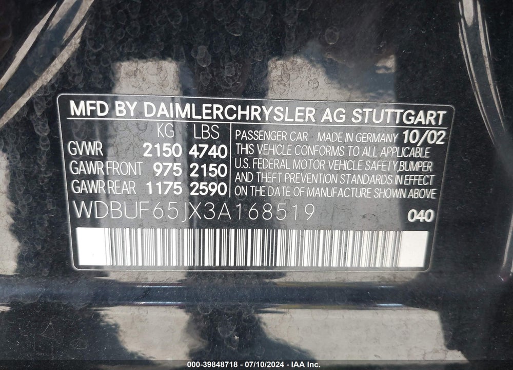2003 MERCEDES-BENZ E 320 VIN: WDBUF65JX3A168519