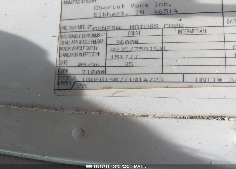 1996 GMC SAVANA RV G1500 VIN: 1GDFG15M7T1014723
