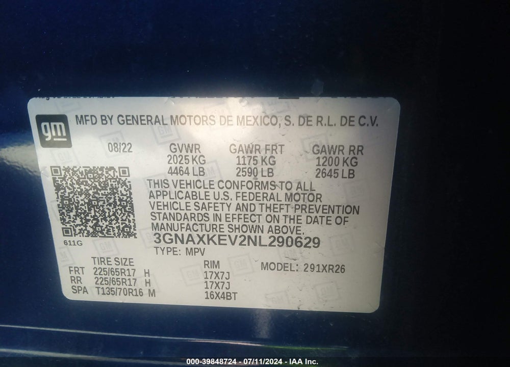 2022 CHEVROLET EQUINOX FWD LT VIN: 3GNAXKEV2NL290629