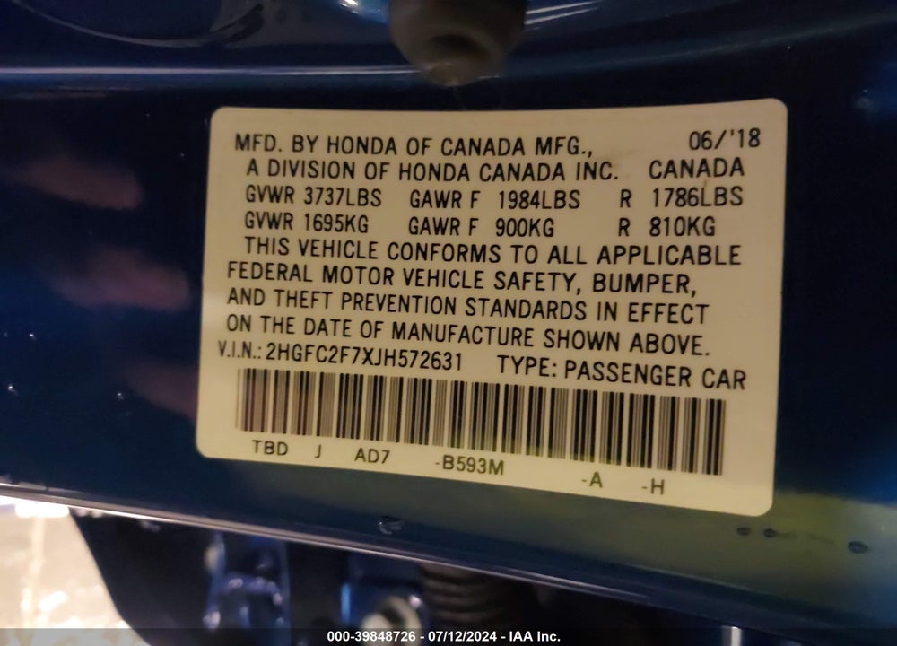 2018 HONDA CIVIC EX VIN: 2HGFC2F7XJH572631