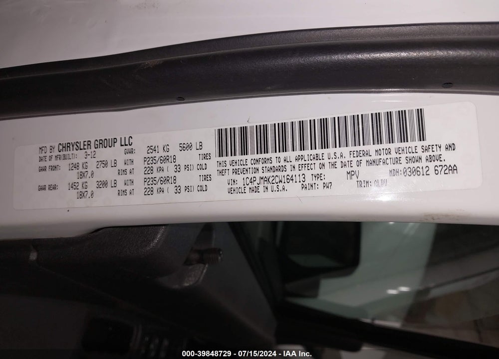 2012 JEEP LIBERTY VIN: 1C4PJMAK2CW164113
