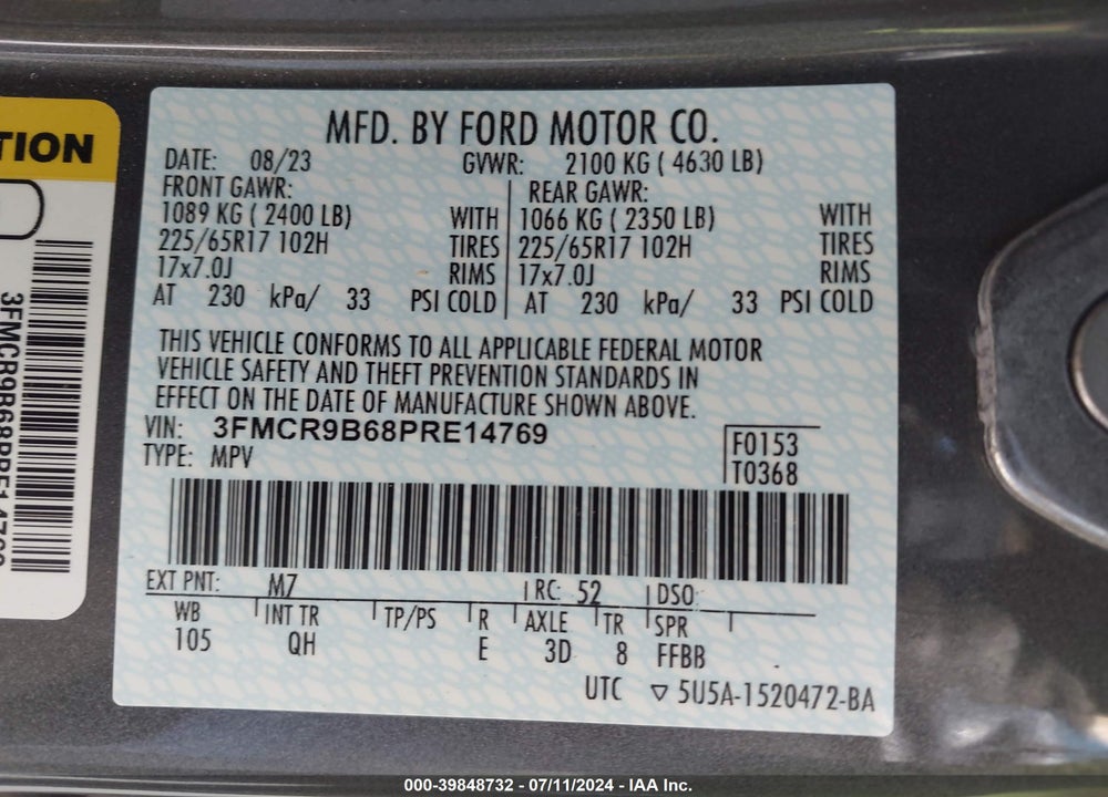 2023 FORD BRONCO SPORT BIG BEND VIN: 3FMCR9B68PRE14769