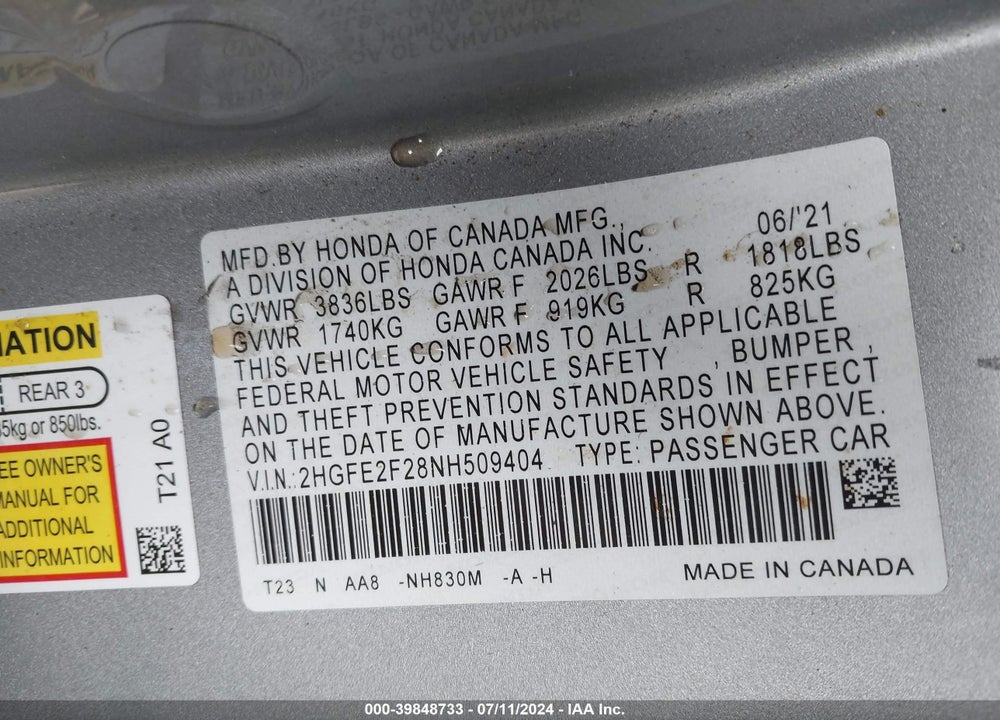 2022 HONDA CIVIC LX VIN: 2HGFE2F28NH509404