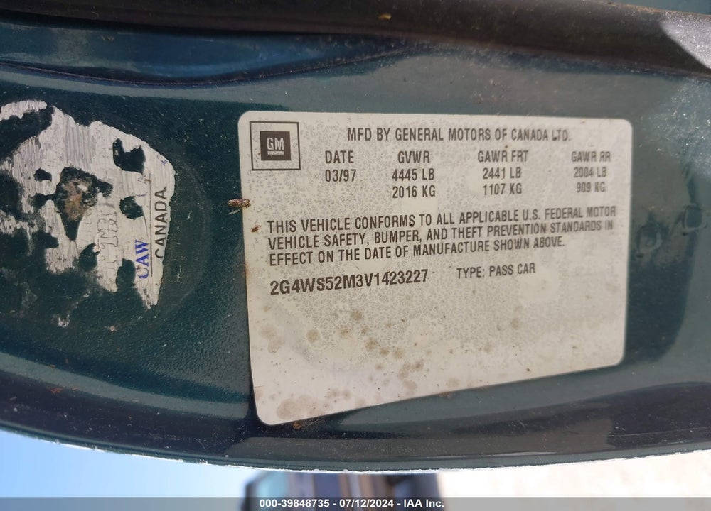 1997 BUICK CENTURY CUSTOM VIN: 2G4WS52M3V1423227