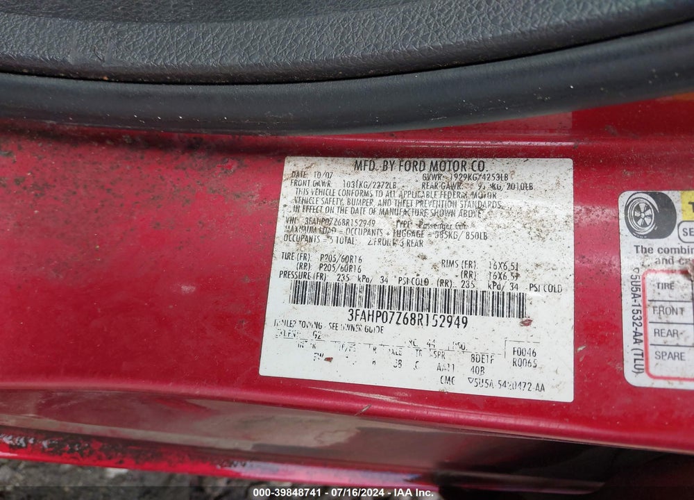 2008 FORD FUSION SE VIN: 3FAHP07Z68R152949