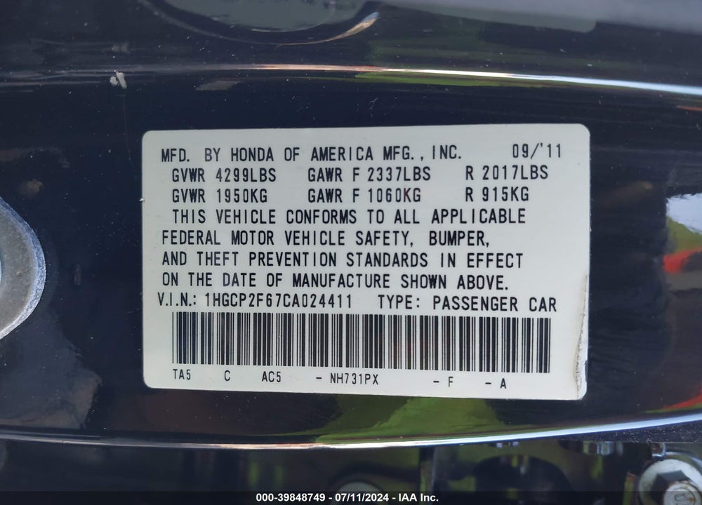 2012 HONDA ACCORD 2.4 SE VIN: 1HGCP2F67CA024411
