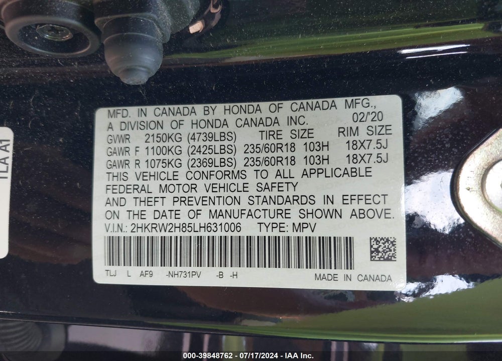 2020 HONDA CR-V AWD EX-L VIN: 2HKRW2H85LH631006