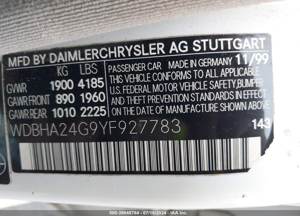 2000 MERCEDES-BENZ C 230 KOMPRESSOR VIN: WDBHA24G9YF927783