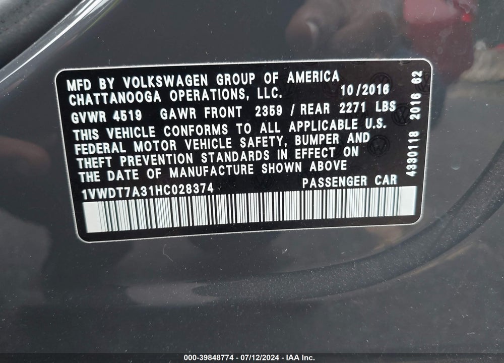 2017 VOLKSWAGEN PASSAT 1.8T R-LINE VIN: 1VWDT7A31HC028374