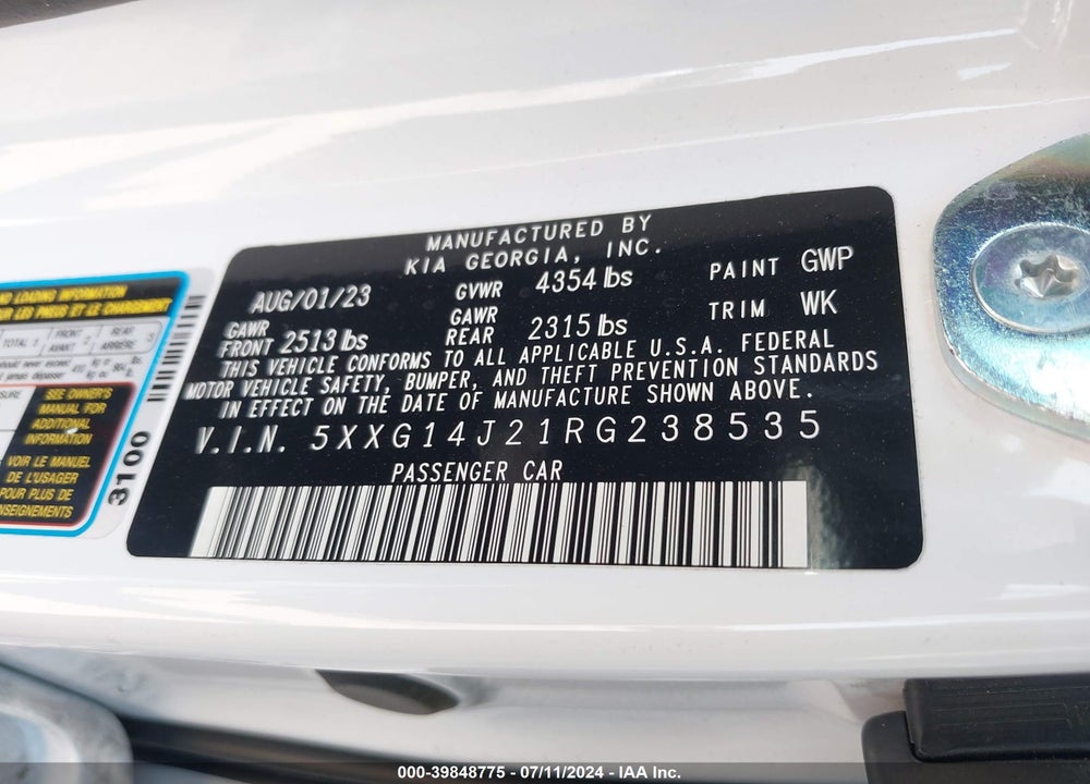 2024 KIA K5 LXS VIN: 5XXG14J21RG238535
