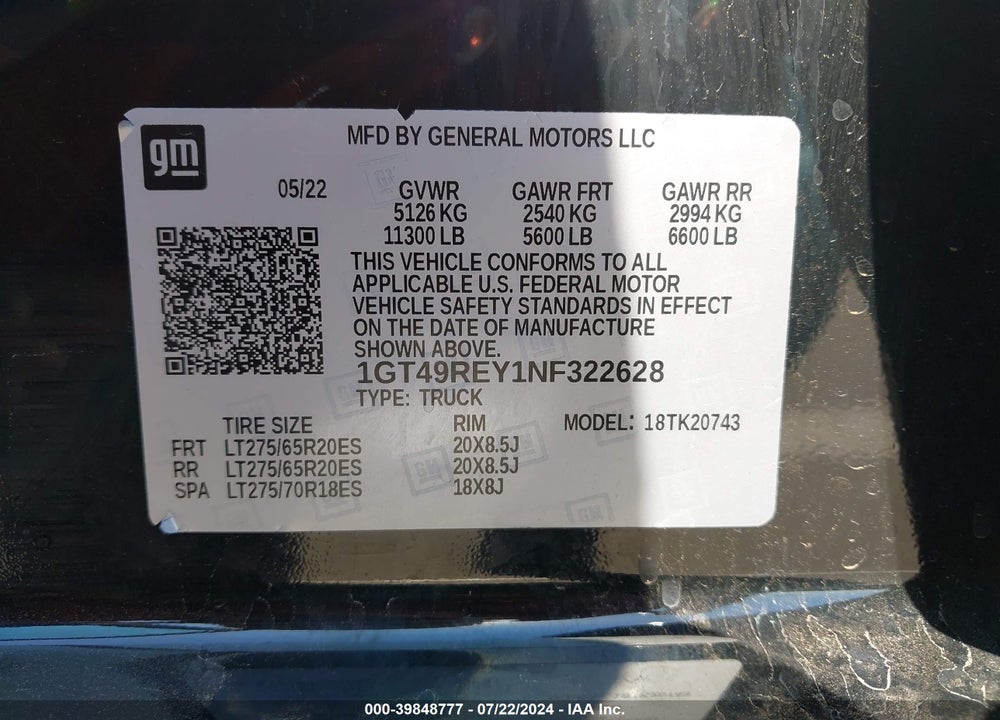 2022 GMC SIERRA 2500HD 4WD  STANDARD BED DENALI VIN: 1GT49REY1NF322628