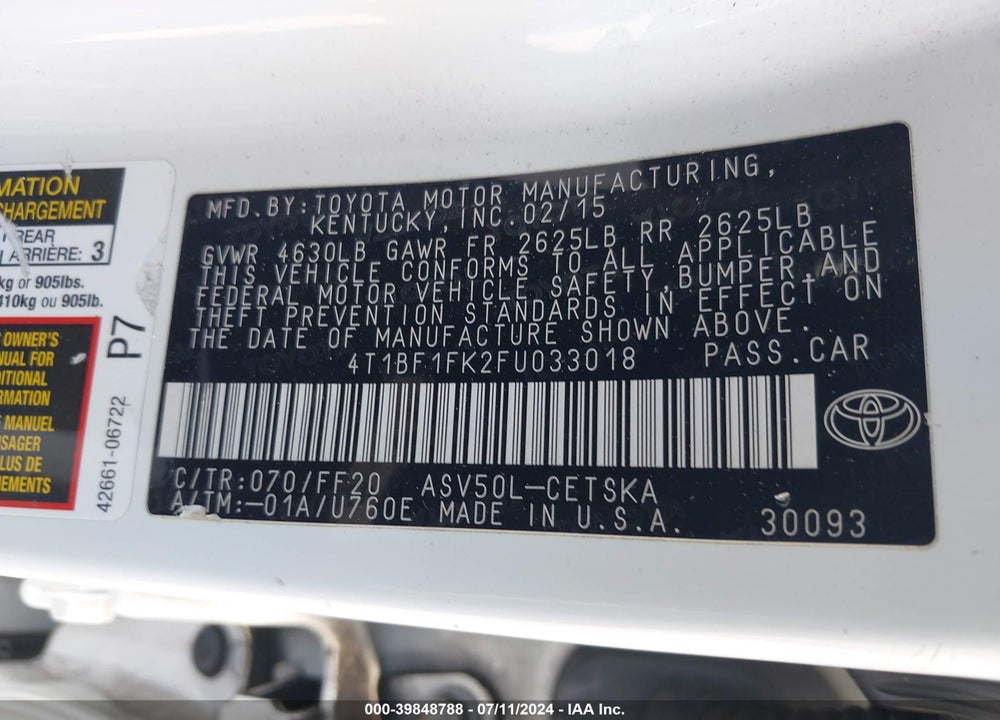 2015 TOYOTA CAMRY SE VIN: 4T1BF1FK2FU033018