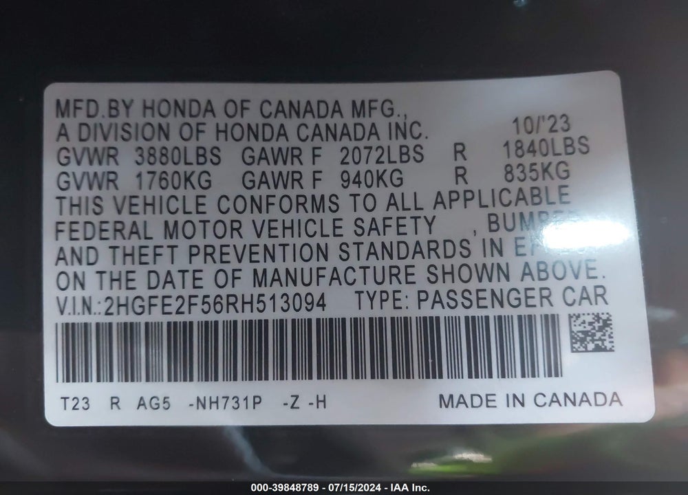 2024 HONDA CIVIC SPORT VIN: 2HGFE2F56RH513094
