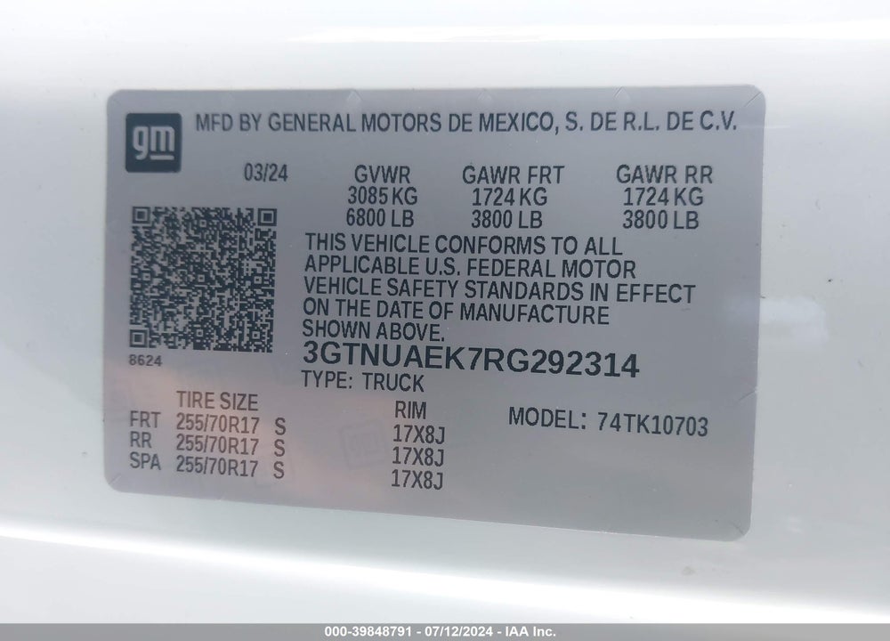 2024 GMC SIERRA 1500 4WD REGULAR CAB STANDARD BOX PRO VIN: 3GTNUAEK7RG292314
