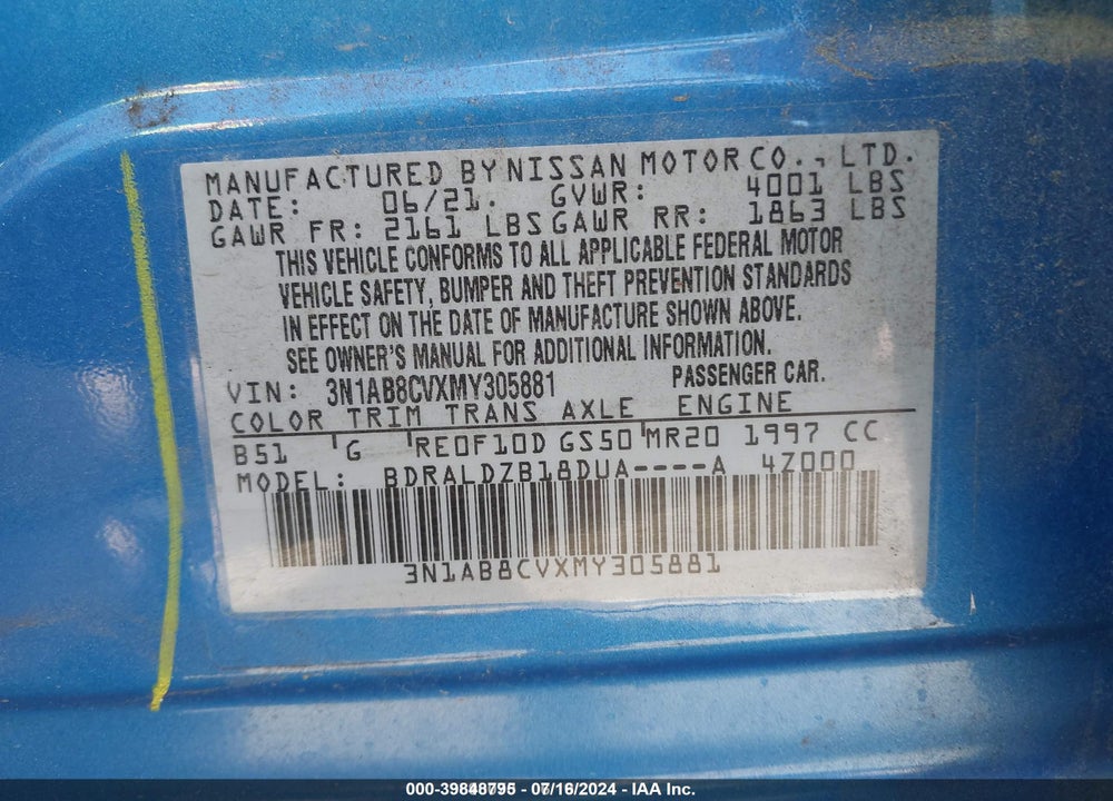 2021 NISSAN SENTRA SV XTRONIC CVT VIN: 3N1AB8CVXMY305881