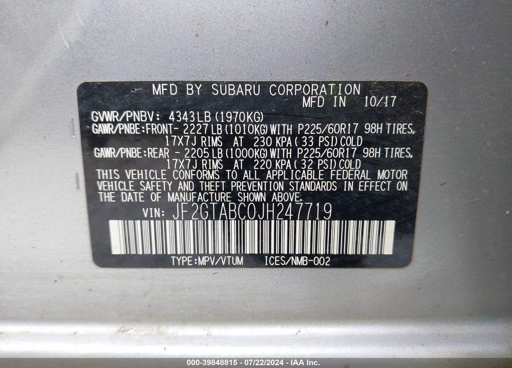 2018 SUBARU CROSSTREK 2.0I PREMIUM VIN: JF2GTABC0JH247719