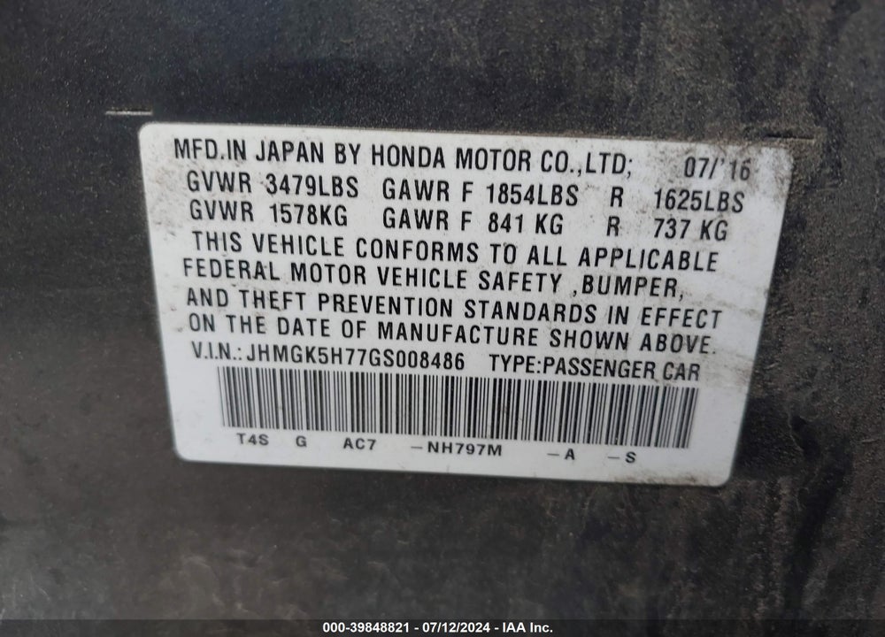 2016 HONDA FIT EX VIN: JHMGK5H77GS008486