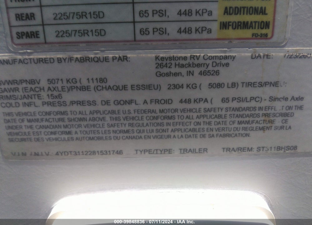 2008 KEYSTONE SPRINTER SPRINTER VIN: 4YDT3112281531746