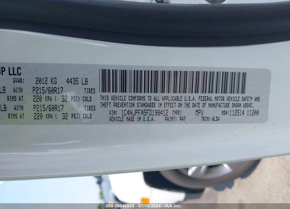 2015 JEEP PATRIOT HIGH ALTITUDE EDITION VIN: 1C4NJPFA5FD198412