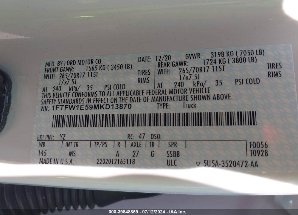 2021 FORD F-150 XLT VIN: 1FTFW1E59MKD13870