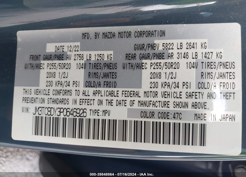2023 MAZDA CX-9 CARBON EDITION VIN: JM3TCBDY3P0646926