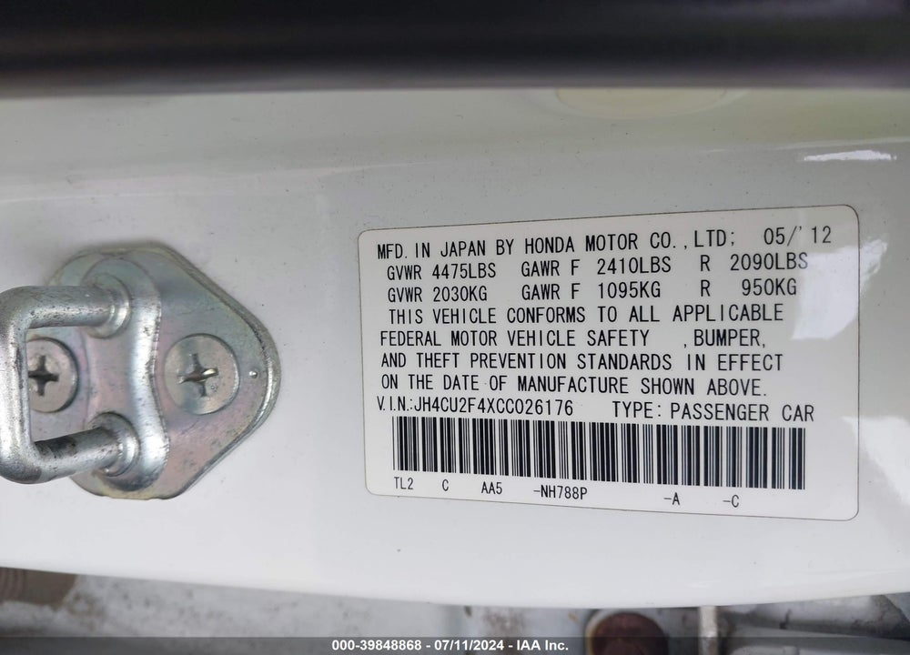 2012 ACURA TSX 2.4 A5 VIN: JH4CU2F4XCC026176