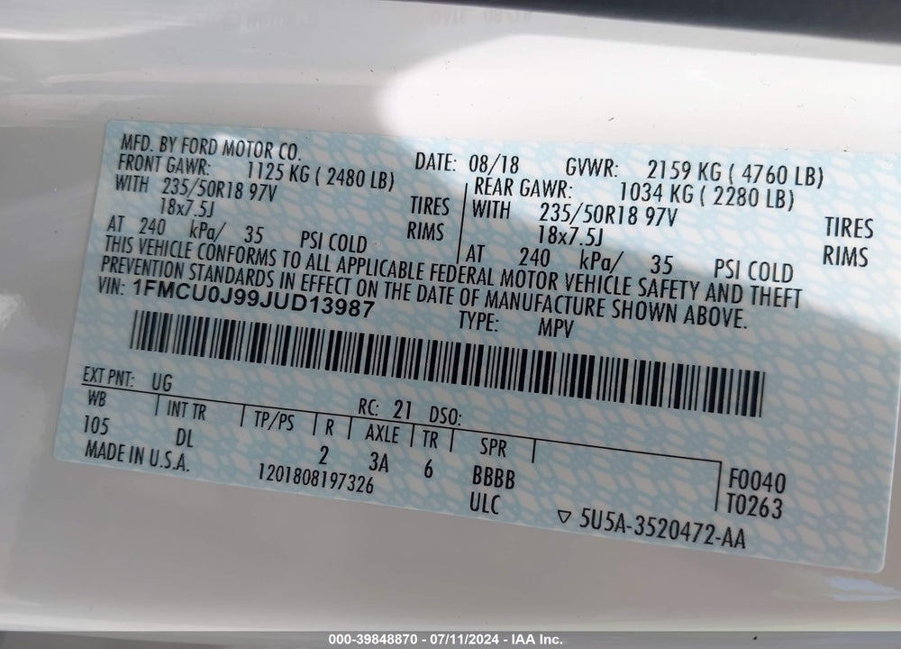 2018 FORD ESCAPE TITANIUM VIN: 1FMCU0J99JUD13987