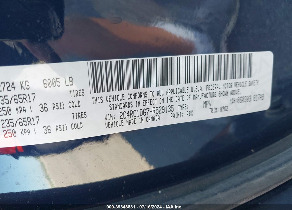 2017 CHRYSLER PACIFICA TOURING VIN: 2C4RC1DG7HR529135