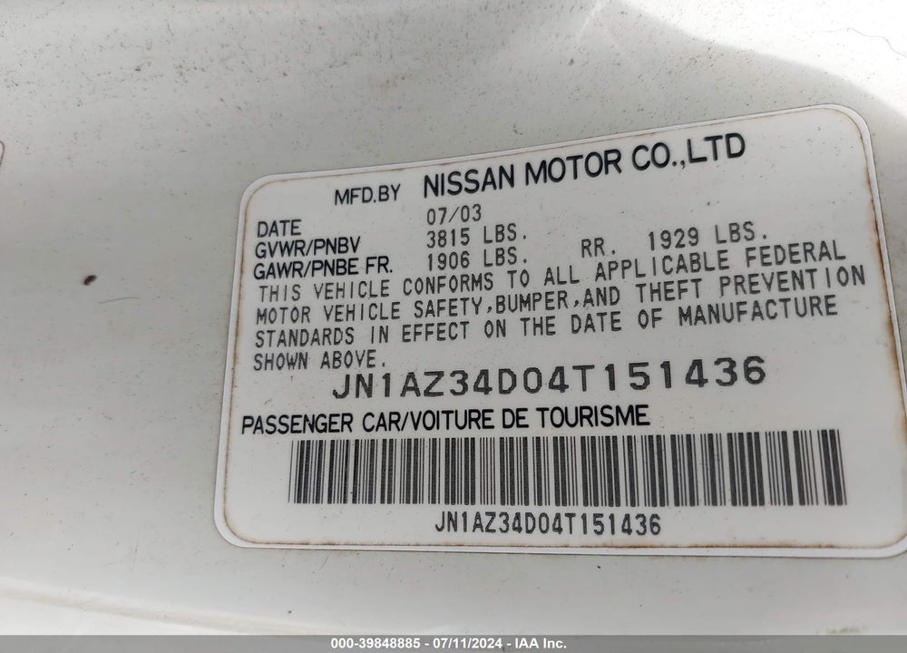 2004 NISSAN 350Z VIN: JN1AZ34D04T151436