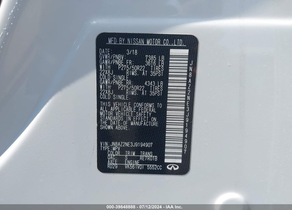 2018 INFINITI QX80 VIN: JN8AZ2NE3J9194907